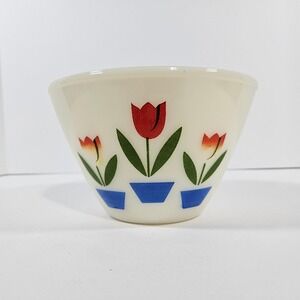 Fire-King Tulip Milk Glass Mixing Bowl Red Blue Flower Vintage Mid-Century 7.5"